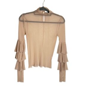 Romantic Goth Ballerina‎ Core Y2K Blush Sheer Mesh Mock Neck Ruffle Sleeve Top M